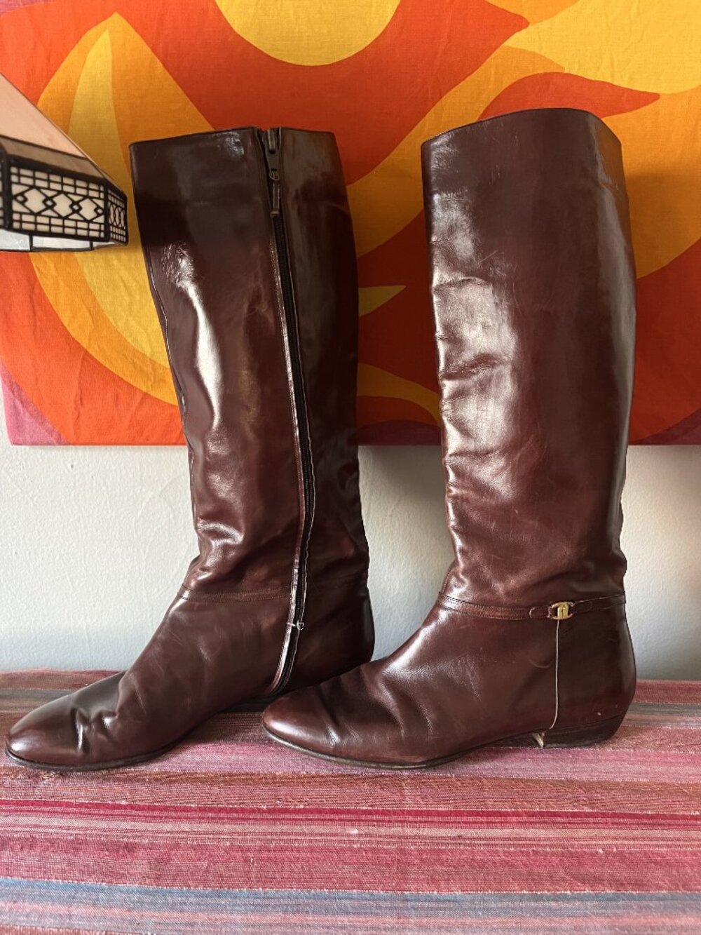 Vintage Ferragamo Low Heel Knee High Riding Boots Brown / Burgundy 9M - Picture 5 of 10